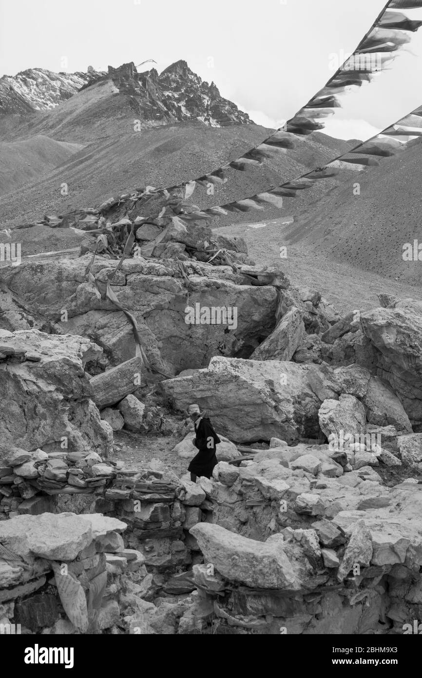 Les paysans rentrent chez eux avec leurs instruments de musique après la crémation d'un grand yogui aux pieds du Mont. Everest, Tibet Banque D'Images