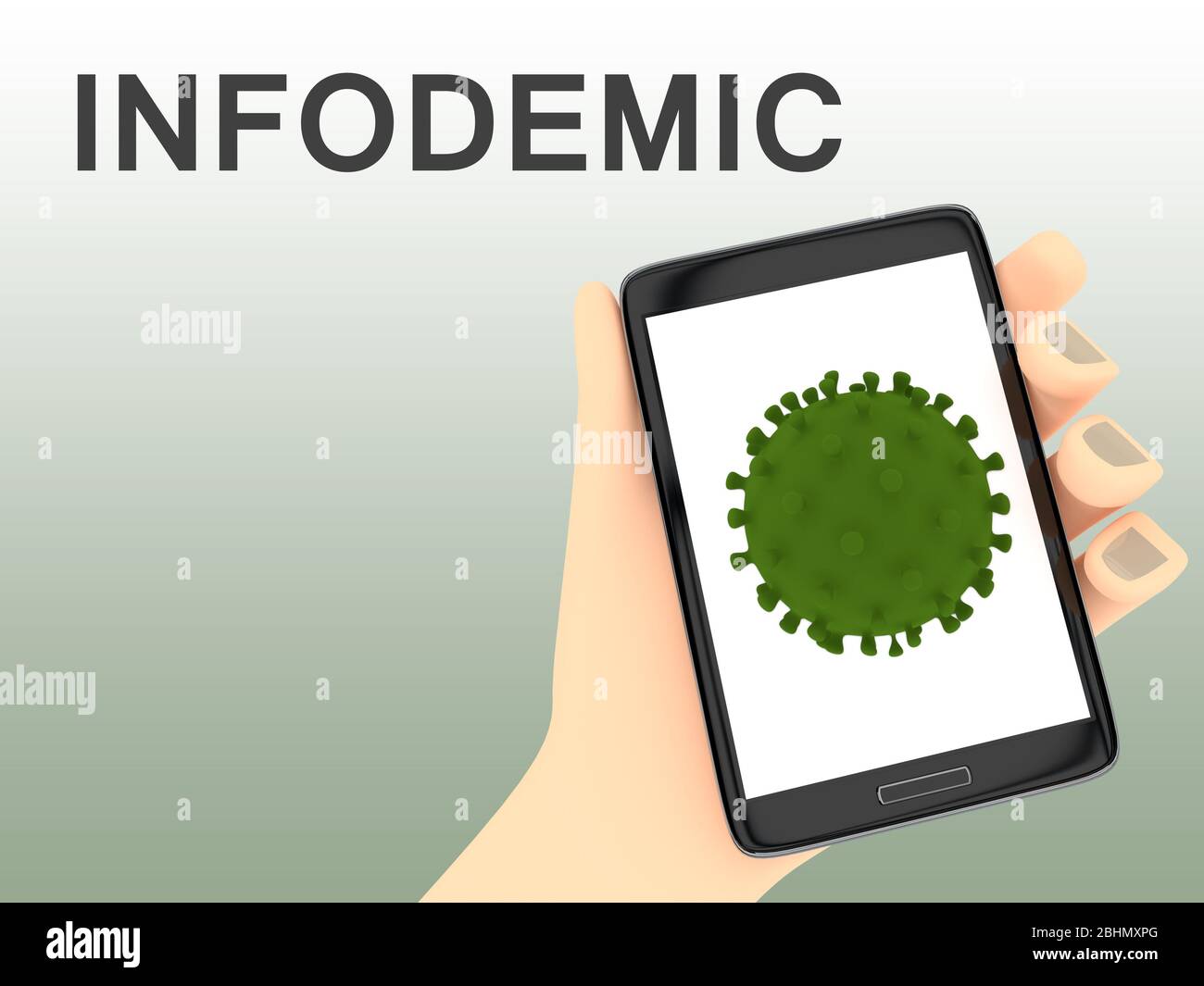 Illustration tridimensionnelle d'un virus corona sur l'écran d'un téléphone cellulite tenu à la main, avec le script INFODEMIC sur le fond. Banque D'Images