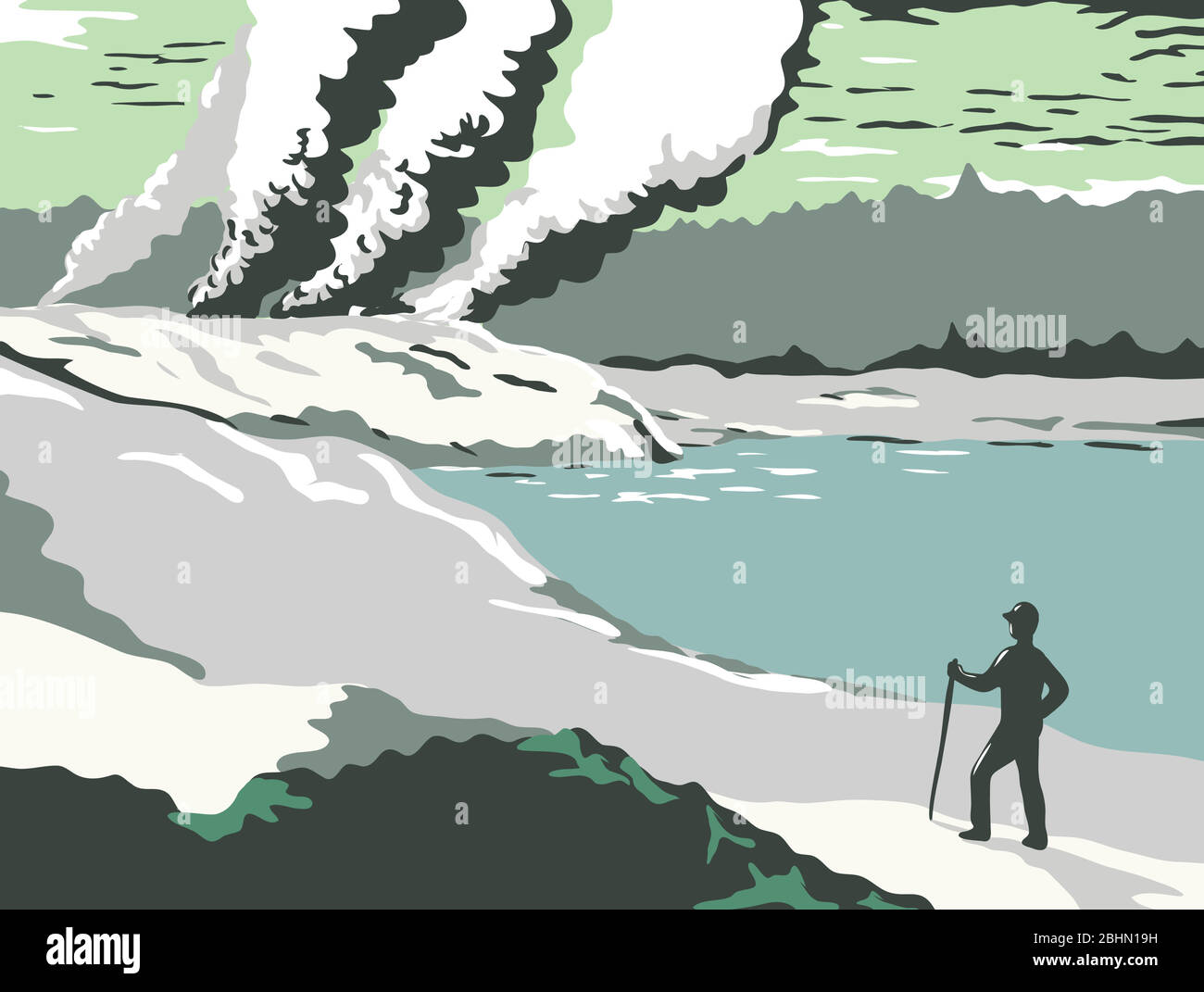 Rétro WPA illustration des bassins de boue bouillonnante, des geysers de tir et des sources chaudes naturelles de Rotorua, Nouvelle-Zélande fait dans le projet d'administration des travaux Illustration de Vecteur