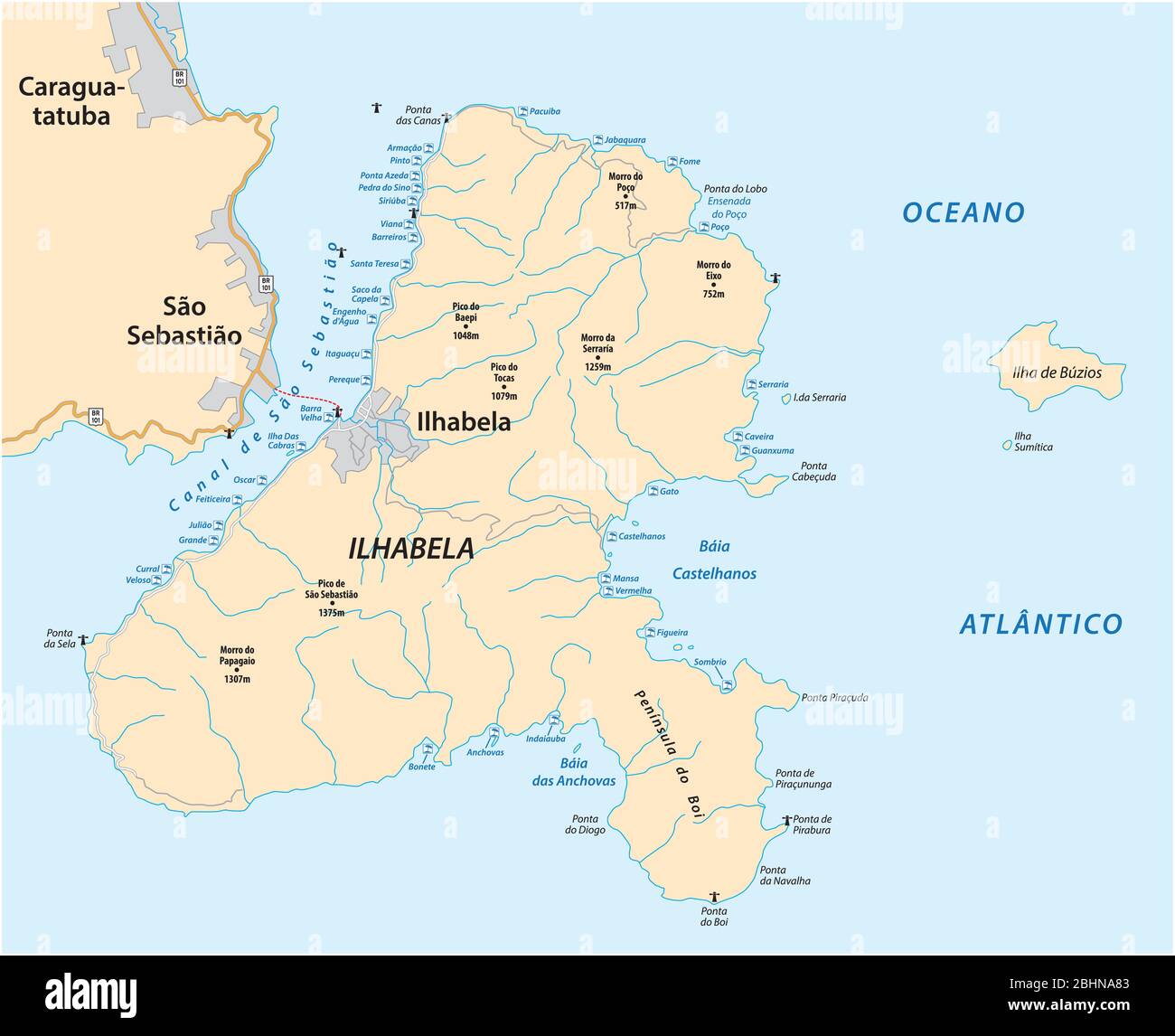 Carte vectorielle de route et de plage de l'île brésilienne d'Ilhabela dans l'état de Sao Paulo, Brésil Illustration de Vecteur