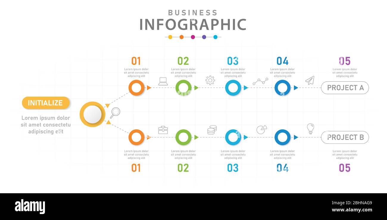 Modèle vectoriel infographie pour les entreprises. Diagramme de la chronologie moderne en 6 étapes avec planificateur de projet. Illustration de Vecteur