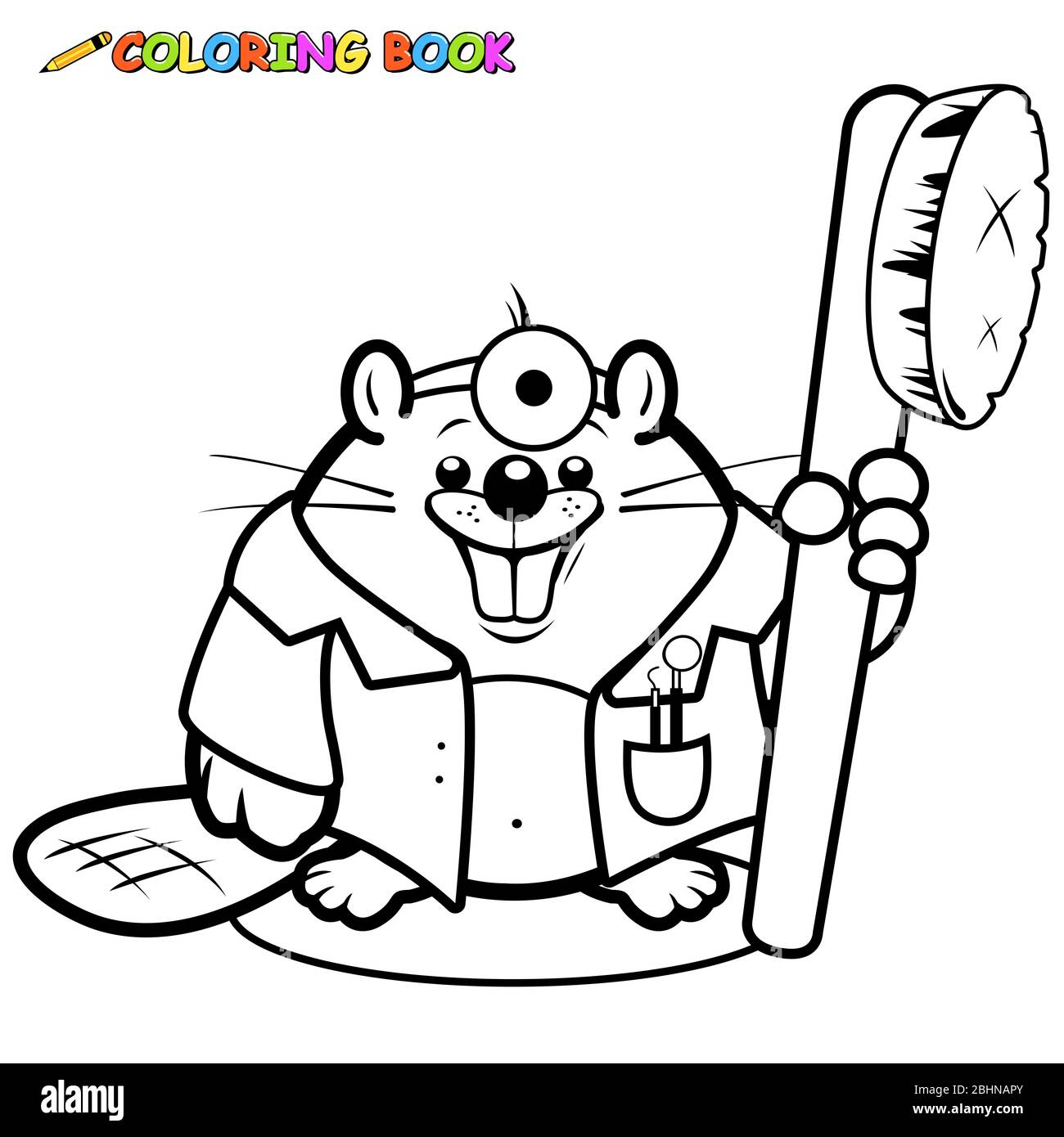 Un dentiste de castor de dessin animé souriant et tenant une brosse à dents. Page de coloration noir et blanc. Banque D'Images