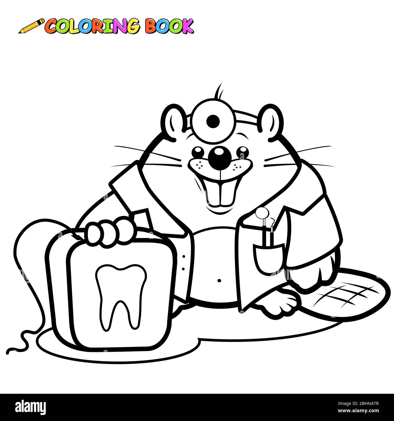 Un dentiste de castor de dessin animé souriant et tenant une soie dentaire. Page de coloration noir et blanc Banque D'Images