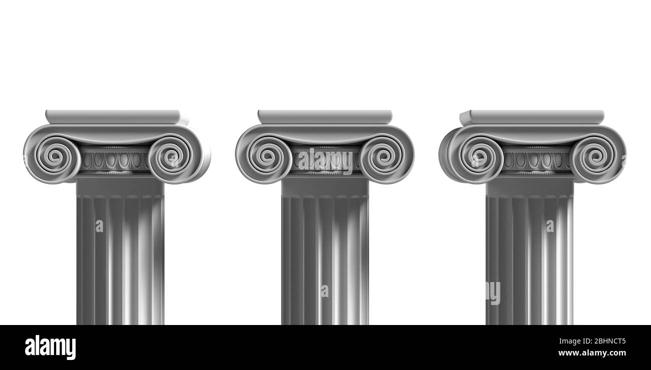 Piliers pedestals, marbre grec ancien en pierre, trois colonnes de style ionique isolées sur fond blanc, modèle de présentation publicitaire. 3 d malade Banque D'Images