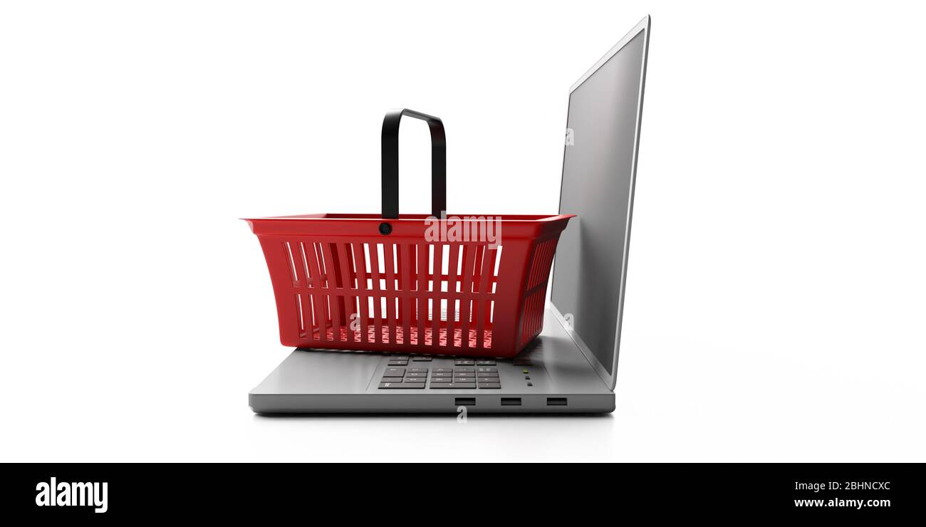 Shopping épicerie en ligne, concept de commerce électronique. Panier vide rouge sur un ordinateur portable isolé sur fond blanc. illustration tridimensionnelle Banque D'Images