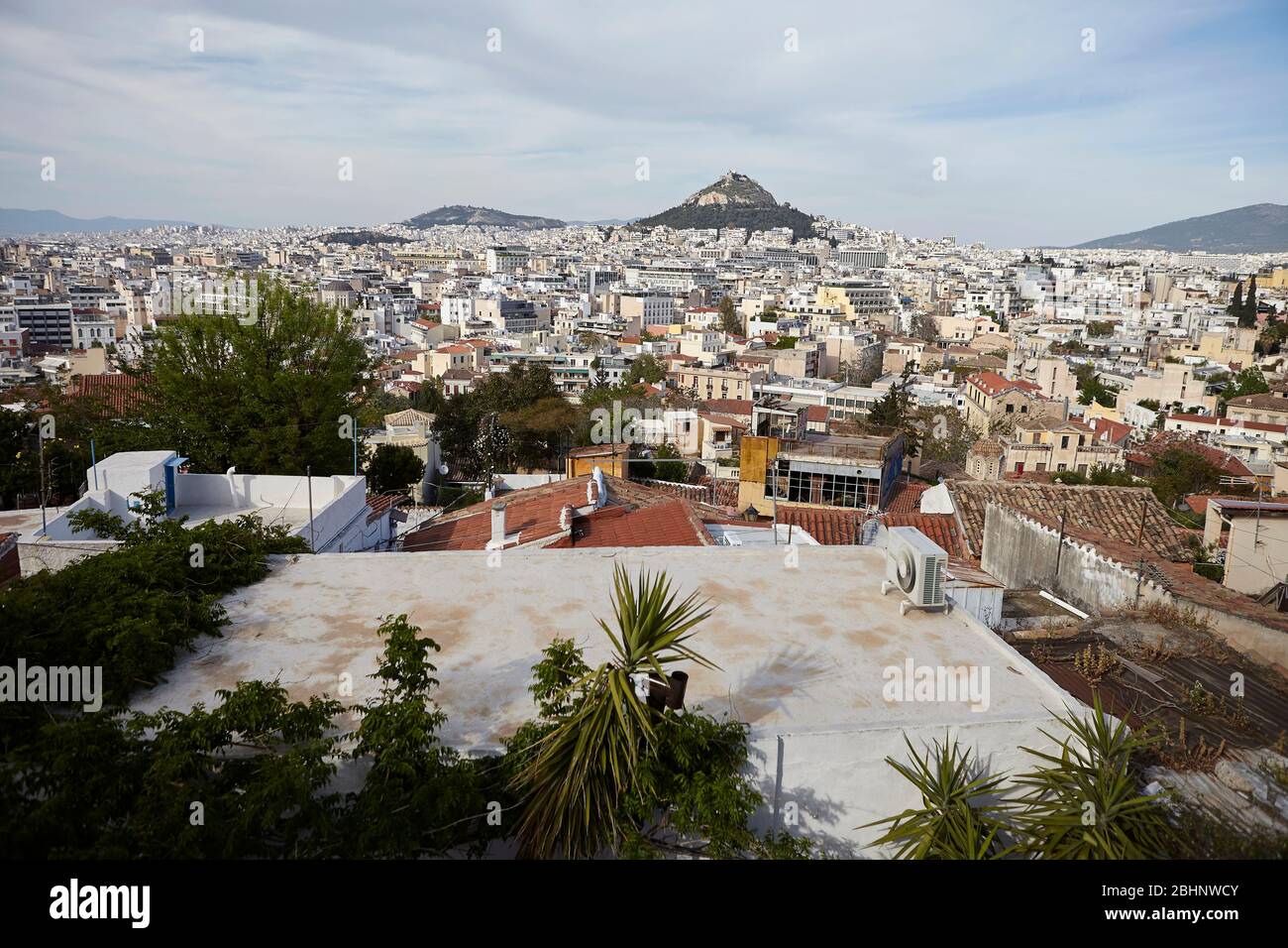 Vue de la colline Lycabettus d'Anafiotika quartier dans la vieille ville d'Athènes, Grèce. Banque D'Images