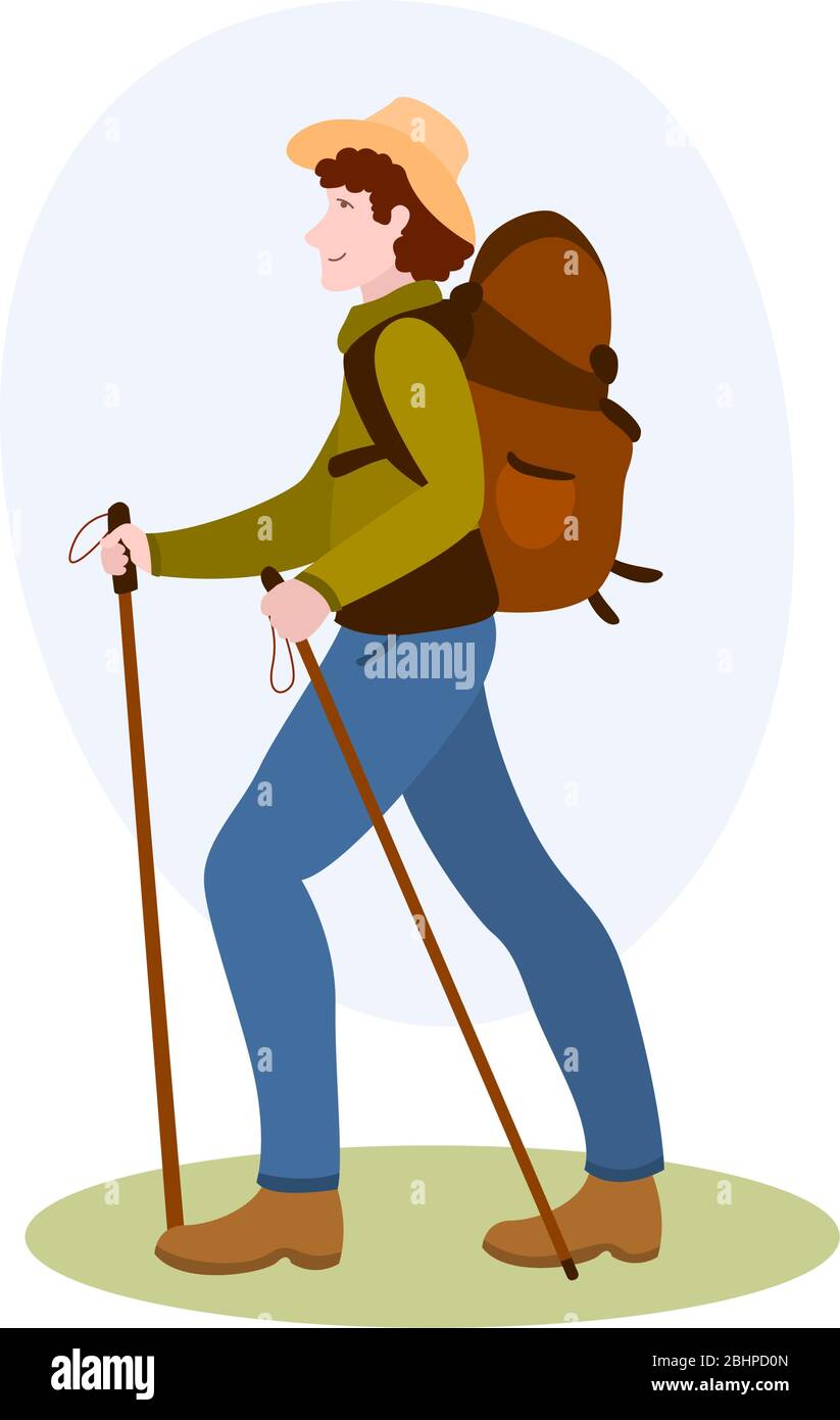 Randonneur avec sac à dos et illustration vectorielle Sticks de la  collection hobbies. Illustration de dessin animé isolé sur blanc Image  Vectorielle Stock - Alamy