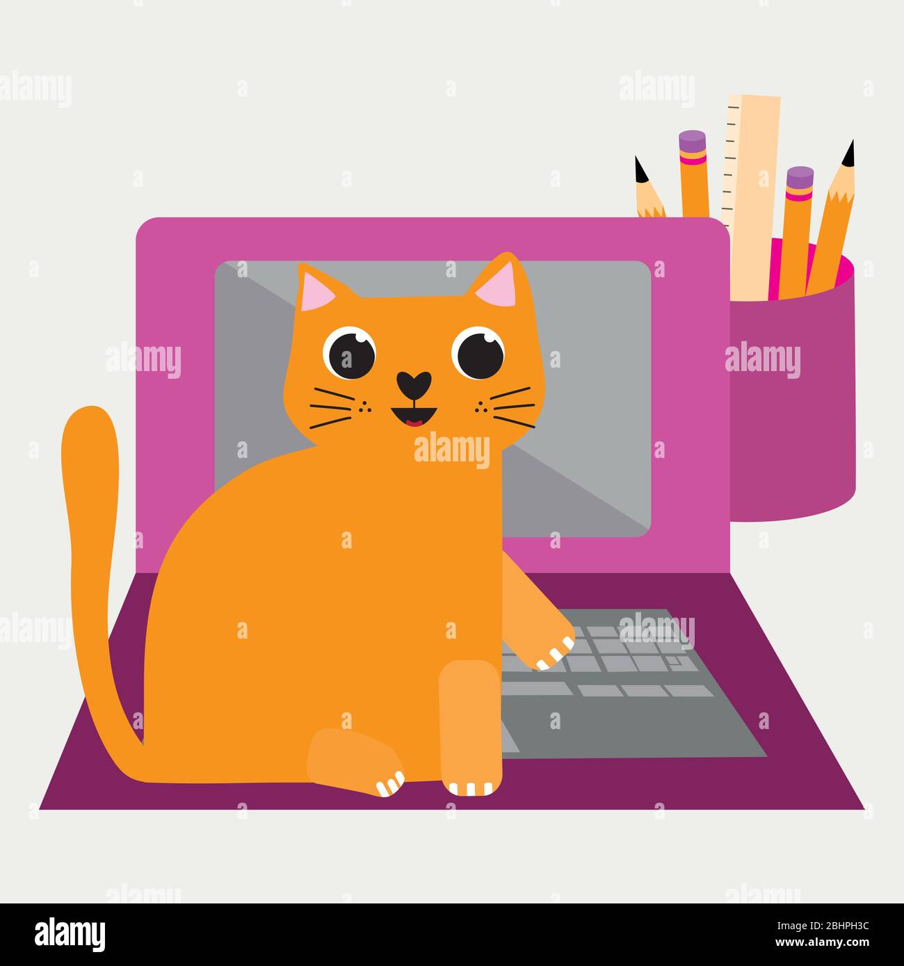 Illustration Vectorielle Mignon De Chat De Dessin Anime Et D Ordinateur Portable Le Personnage Felin Au Gingembre Qui Joue Sur Le Clavier Interrompt Le Flux De Travail Des Bureaux D Affaires Tire A La