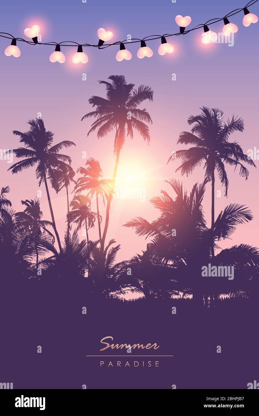 Magnifique coucher de soleil dans la forêt tropicale de palmiers avec des lumières de fées en forme de coeur illustration vectorielle EPS10 Illustration de Vecteur