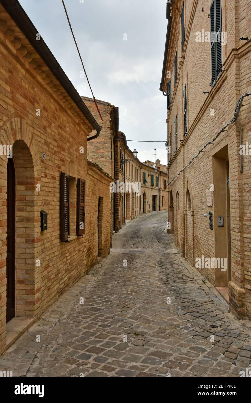 Une rue étroite entre les maisons du village médiéval de Montelupone en Italie Banque D'Images