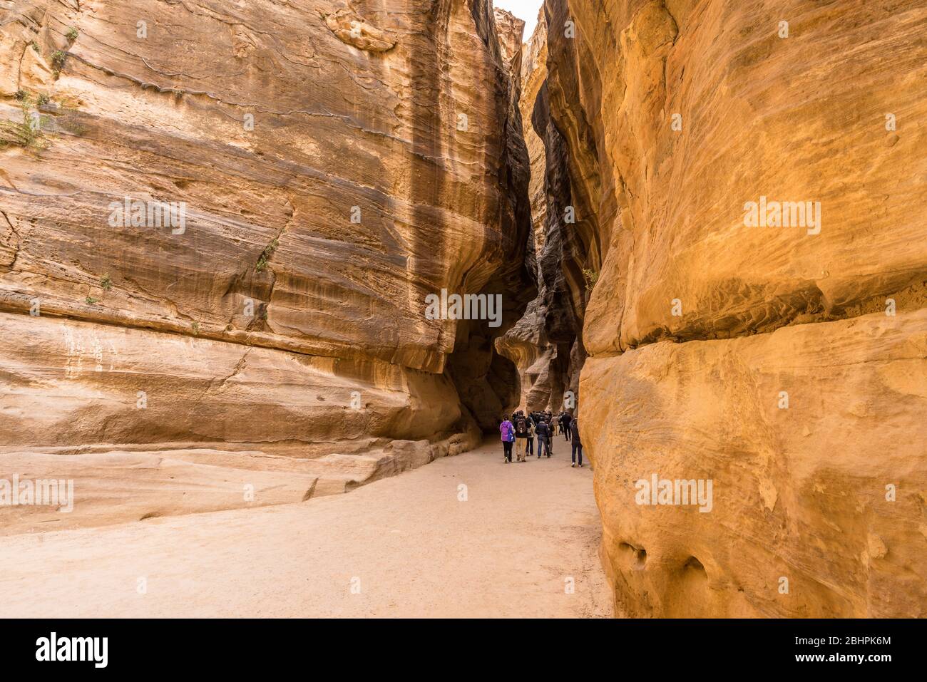 Les touristes marchaient dans une revine à Petra, Jordanie Banque D'Images