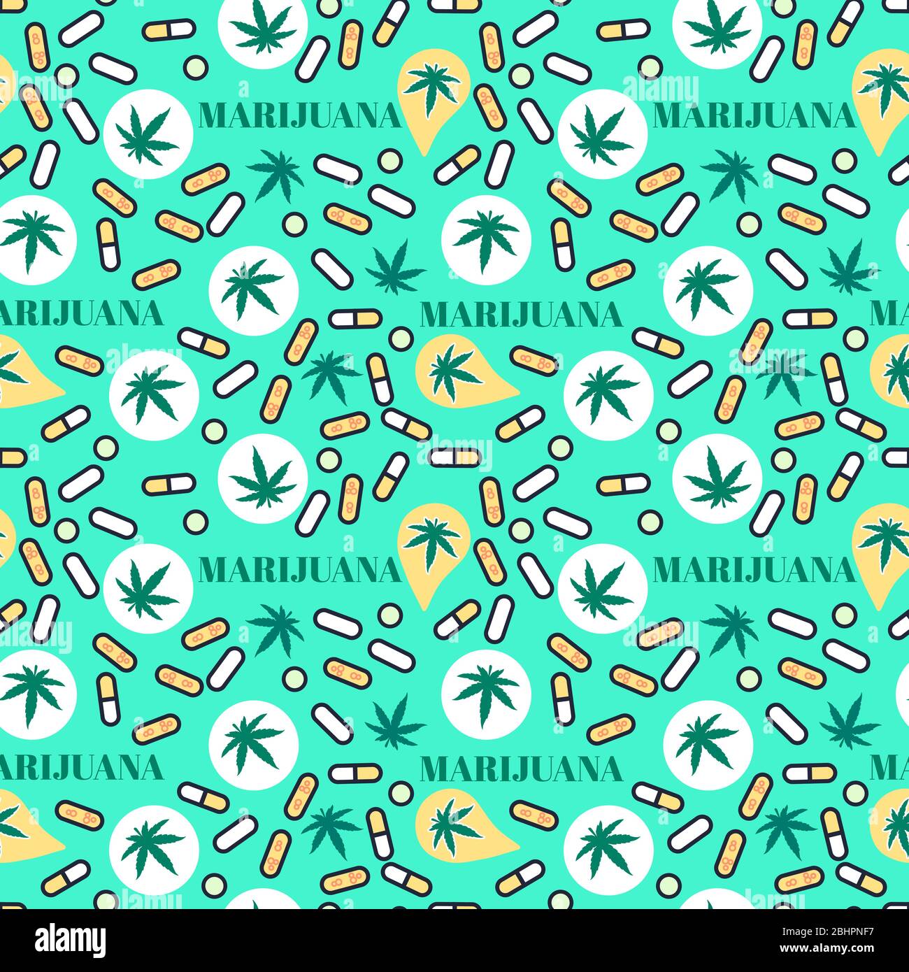 Marjuana pilules modèle sans soudure avec chanvre de feuilles. Comprimés de THC de cannabis organique. Texture vectorielle sur fond de couleur vive. Légalisation médicale de surface Illustration de Vecteur