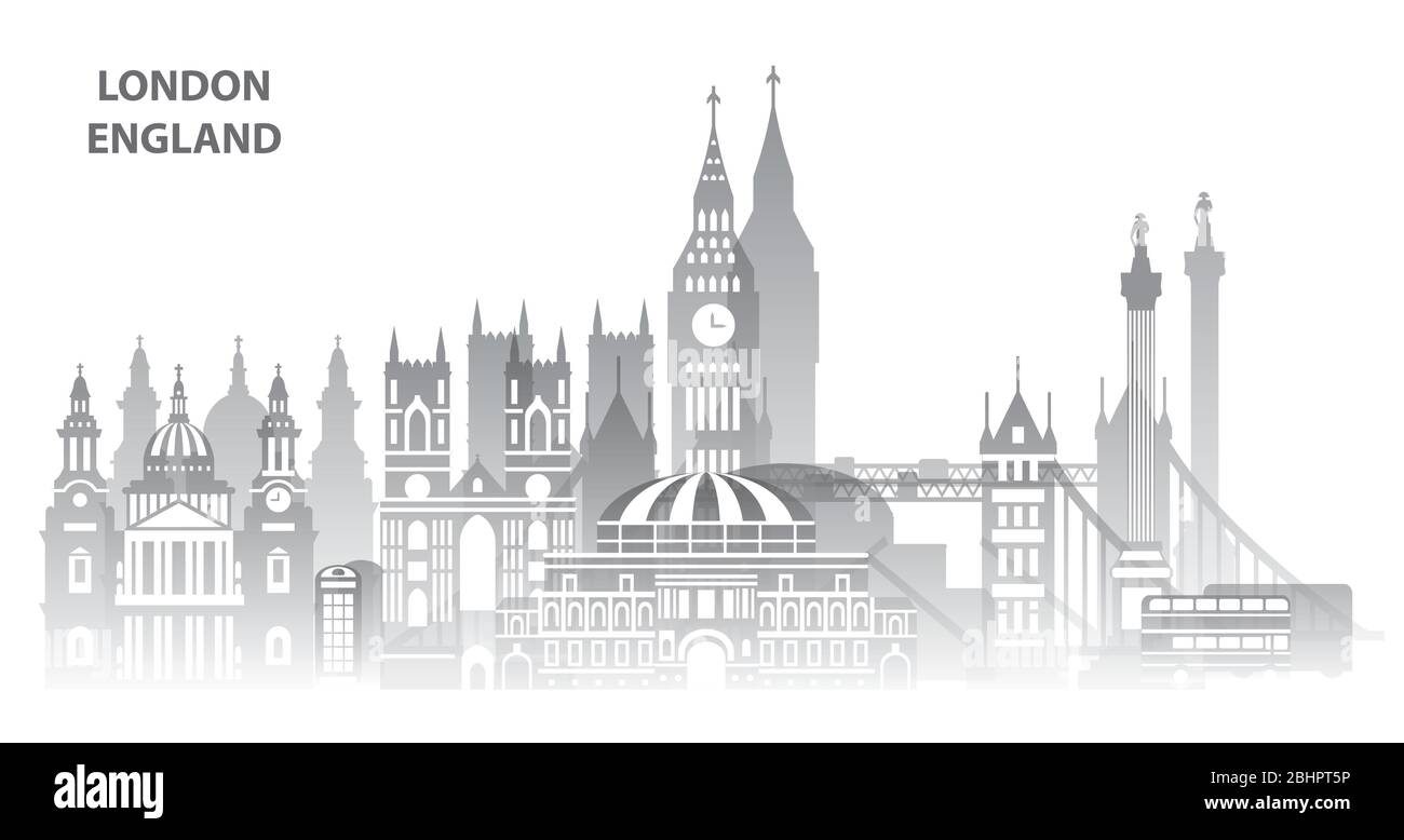 Vue panoramique sur les gratte-ciel de Londres avec principaux monuments architecturaux. Concept de voyage dans le monde entier. Londres sites touristiques, dégradé monochrome Illustration de Vecteur