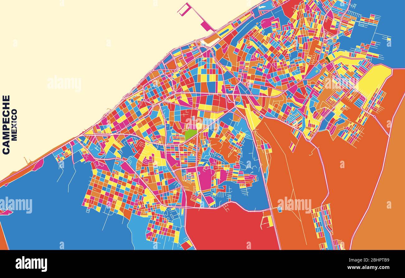 Carte vectorielle colorée de Campeche, Campeche, Mexique. Modèle de plan artistique pour l'impression automatique d'œuvres d'art murales au format paysage. Illustration de Vecteur