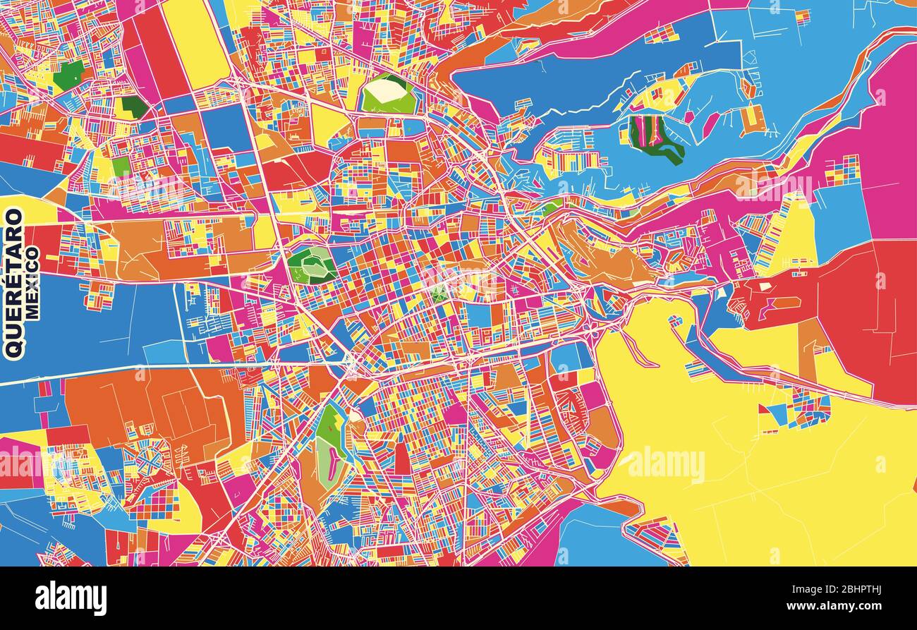 Carte vectorielle colorée de Querétaro, Querétaro, Mexique. Modèle de plan artistique pour l'impression automatique d'œuvres d'art murales au format paysage. Illustration de Vecteur