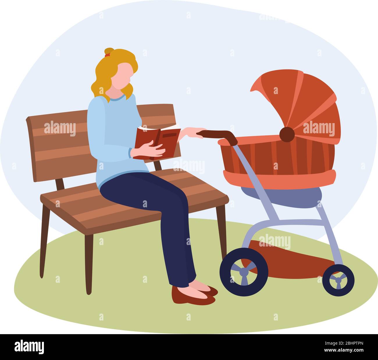 Maman est en train de lire UN livre sur un banc près de l'illustration vectorielle de Stroller de la collection de famille. Illustration de dessin animé isolé sur blanc Illustration de Vecteur