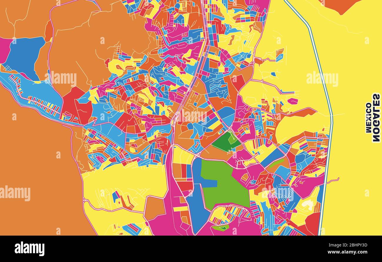 Carte vectorielle colorée de Nogales, Sonora, Mexique. Modèle de plan artistique pour l'impression automatique d'œuvres d'art murales au format paysage. Illustration de Vecteur