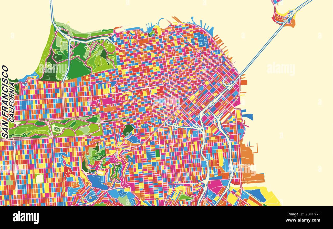 Carte vectorielle colorée de San Francisco, Californie, États-Unis. Modèle de plan artistique pour l'impression automatique d'œuvres d'art murales au format paysage. Illustration de Vecteur