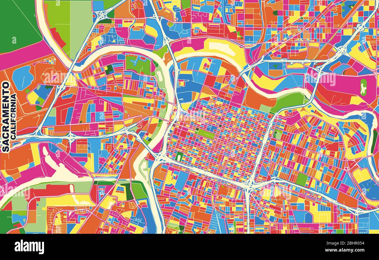 Carte vectorielle colorée de Sacramento, Californie, États-Unis. Modèle de plan artistique pour l'impression automatique d'œuvres d'art murales au format paysage. Illustration de Vecteur