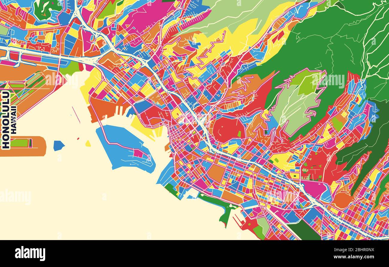 Carte vectorielle colorée d'Honolulu, Hawaï, États-Unis. Modèle de plan artistique pour l'impression automatique d'œuvres d'art murales au format paysage. Illustration de Vecteur