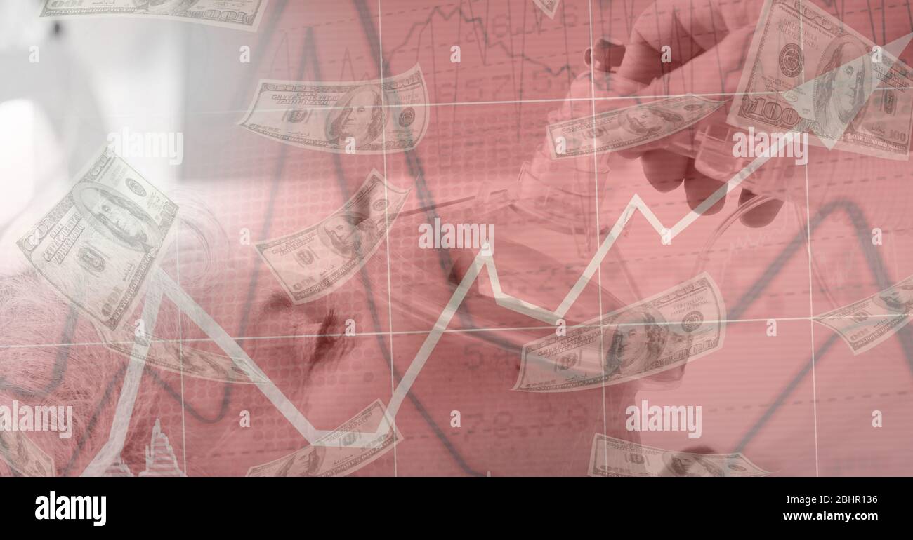 Illustration numérique d'une patiente portant un masque à oxygène avec du dollar et des graphiques en premier plan Banque D'Images