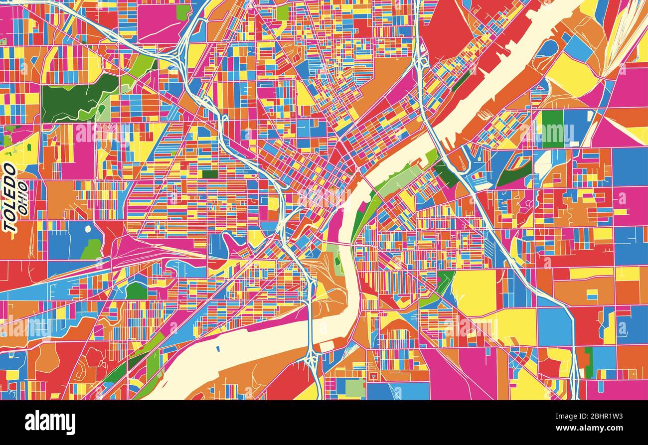 Carte vectorielle colorée de Toledo, Ohio, États-Unis. Modèle de plan artistique pour l'impression automatique d'œuvres d'art murales au format paysage. Illustration de Vecteur
