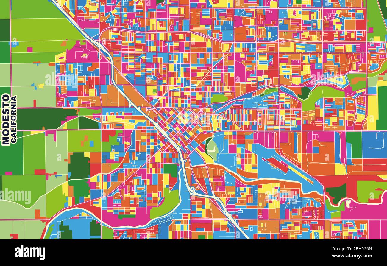 Carte vectorielle colorée de Modesto, Californie, États-Unis. Modèle de plan artistique pour l'impression automatique d'œuvres d'art murales au format paysage. Illustration de Vecteur