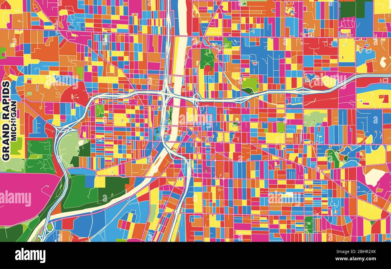 Carte vectorielle colorée de Grand Rapids, Michigan, États-Unis. Modèle de plan artistique pour l'impression automatique d'œuvres d'art murales au format paysage. Illustration de Vecteur