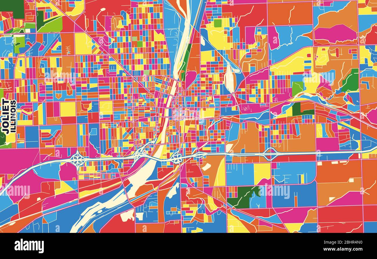 Carte vectorielle colorée de Joliet, Illinois, États-Unis. Modèle de plan artistique pour l'impression automatique d'œuvres d'art murales au format paysage. Illustration de Vecteur