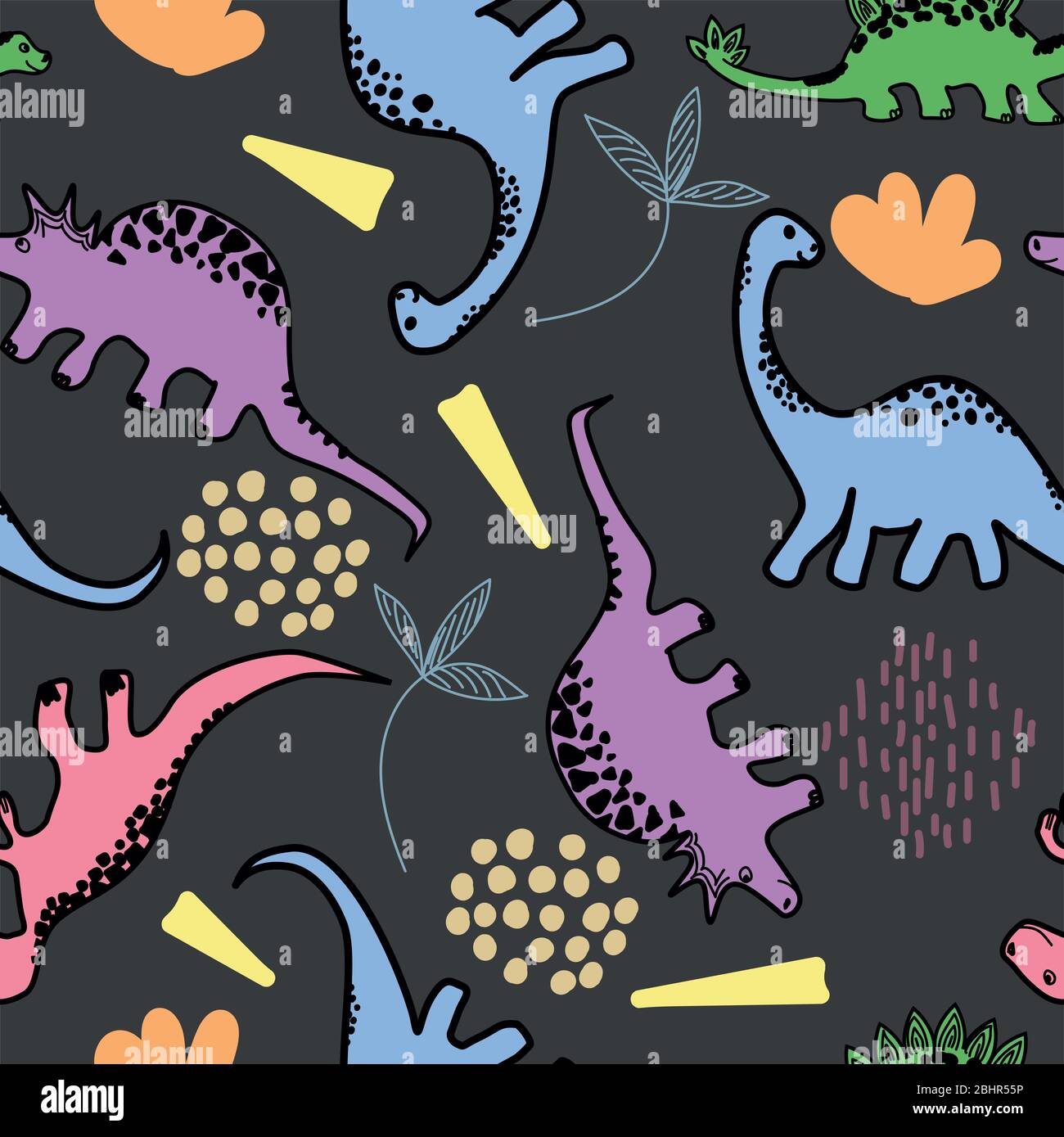 Motif vectoriel sans couture avec de jolis dinosaures stylisés et des plantes préhistoriques. Convient à l'impression de papier d'emballage, de textiles ou d'invitations à des enfants Banque D'Images