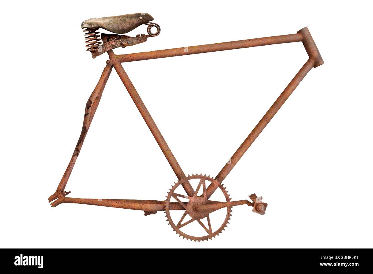 Cadre de vélo rouillé et trame vintage avec selle en cuir isolée sur fond blanc Banque D'Images