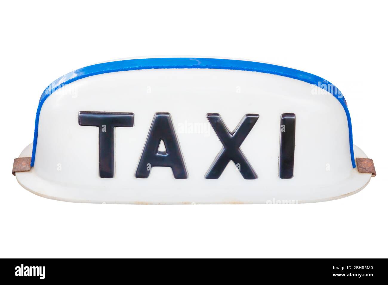 Blanc vintage avec panneau bleu de taxi isolé sur un fond blanc Banque D'Images