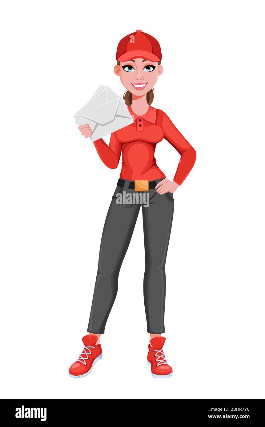 Femme de messagerie avec enveloppes blanches. Concept de service de livraison. Belle femme de livraison personnage de dessin animé. Illustration vectorielle isolée sur fond blanc Illustration de Vecteur