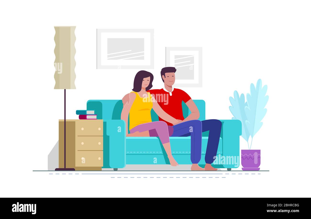 Couple à la maison assis sur un canapé. Illustration vectorielle Illustration de Vecteur
