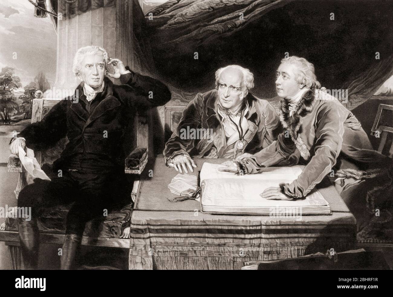La famille Baring. Sir Francis Baring, son frère John et son gendre Charles Wall. Par Edward McInnes après la peinture de Sir Thomas Lawrence. Baring, 1740 - 1810, était un banquier marchand anglais. Il était partiellement sourd, ce qui explique pourquoi sa main est à son oreille. Banque D'Images