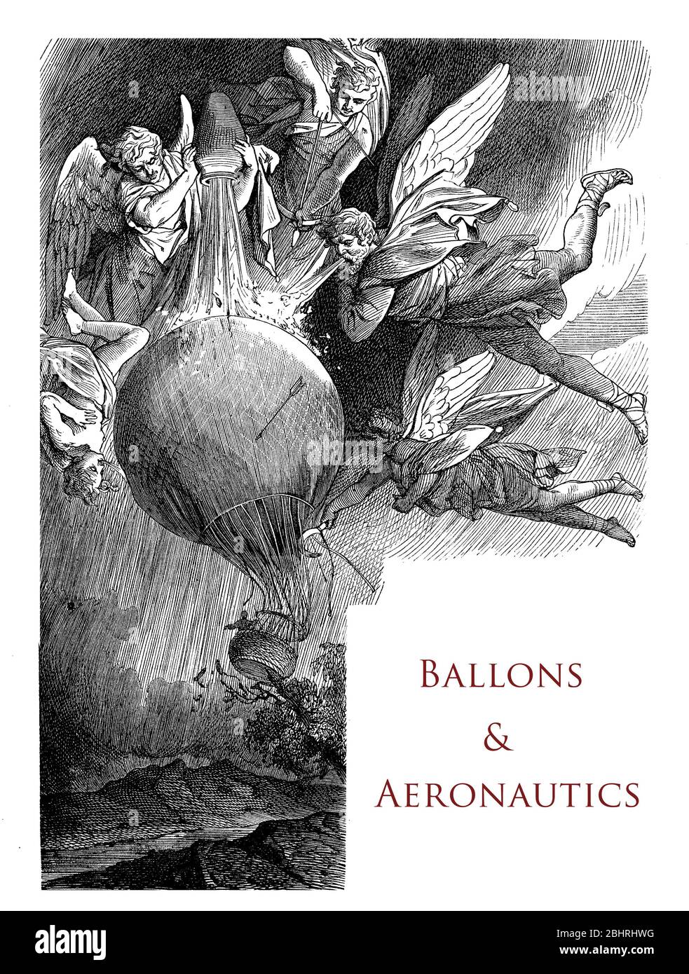 Chapitre typographique page décoration sur les ballons et l'aéronautique avec un mongolfiere, des anges et des figures mythologiques Banque D'Images