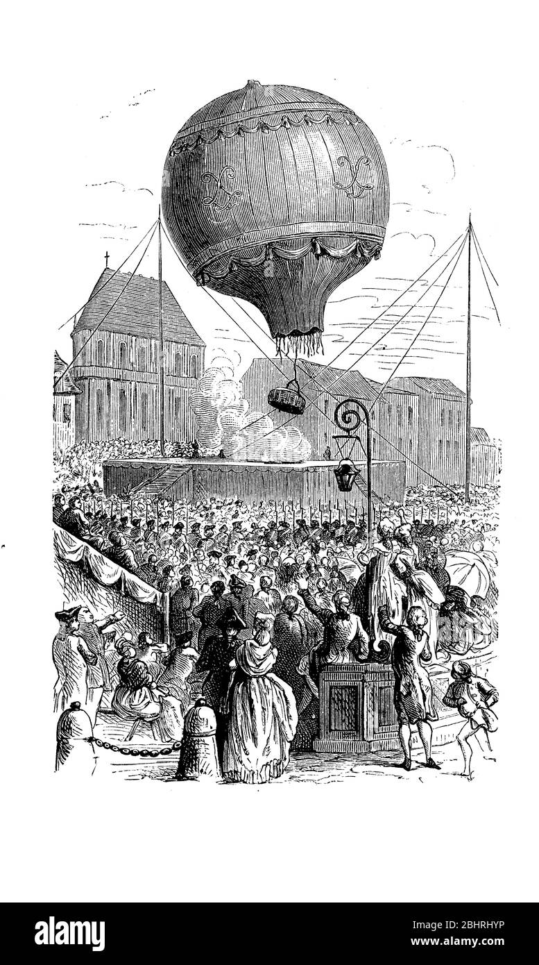 Le premier vol en montgolfière à hydrogène en 1783 des frères Jacques et Robert Charles avec une charlière lancé à partir du champ de Mars à Paris Banque D'Images