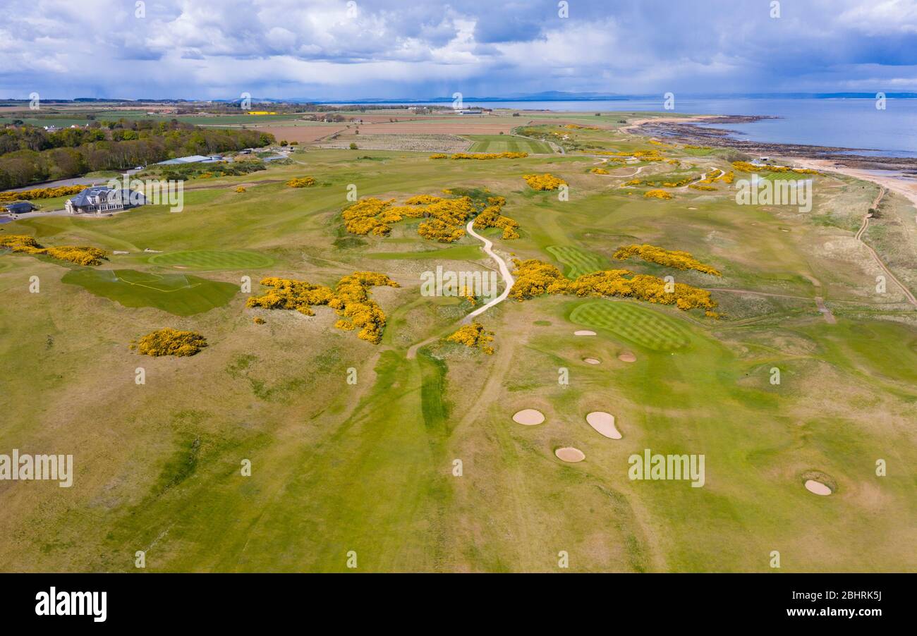 Vue aérienne du parcours de golf Kingsbarns Golf Links à Fife, en Écosse, au Royaume-Uni Banque D'Images