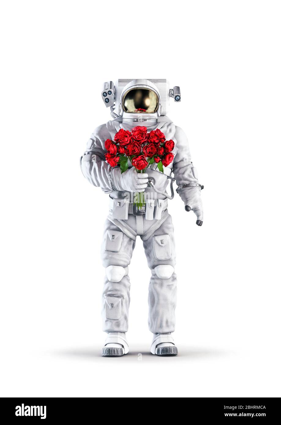Astronaute avec roses / illustration tridimensionnelle de costume d'espace portant une figure masculine tenant bouquet de roses rouges isolées sur fond blanc de studio Banque D'Images