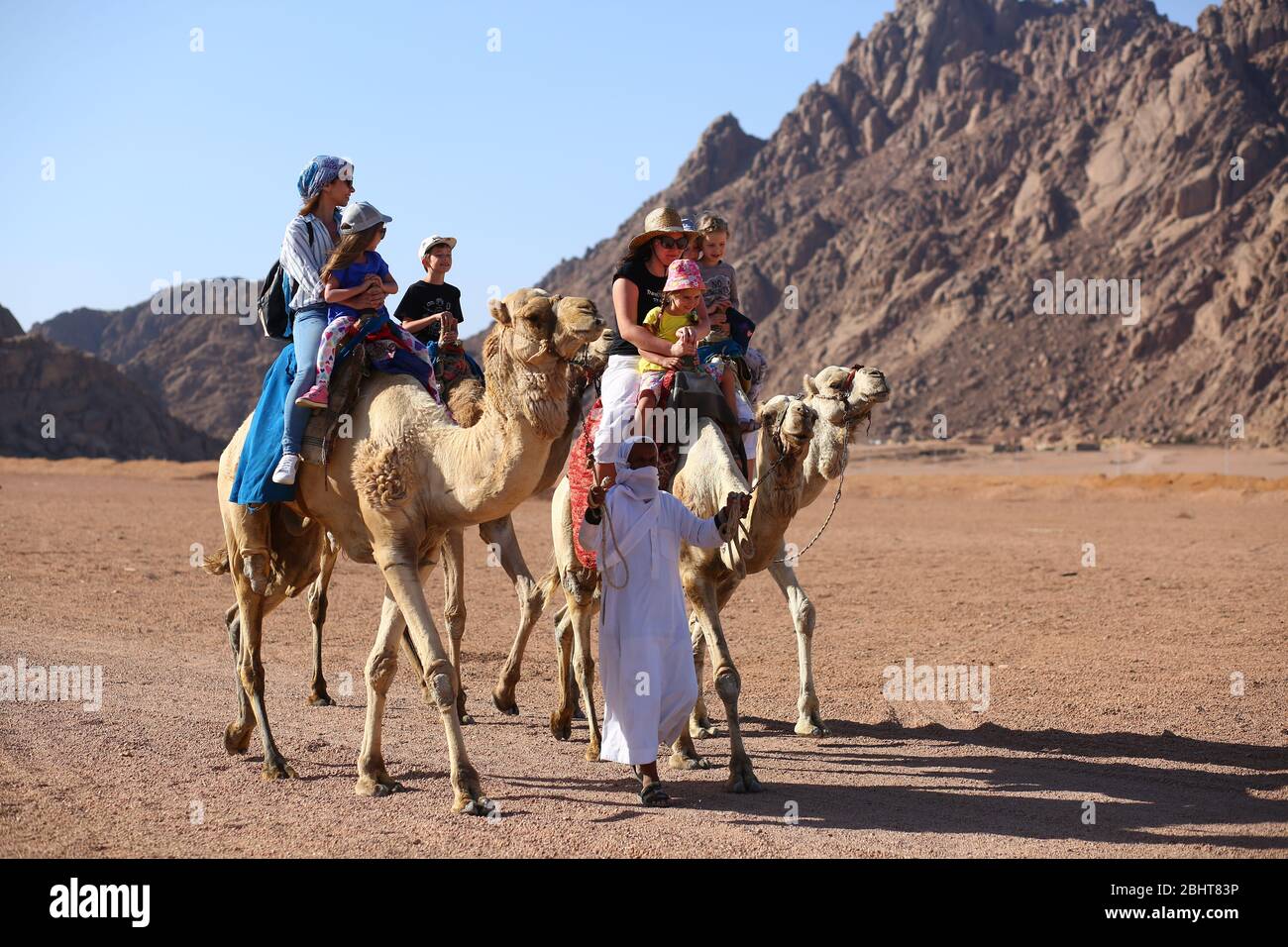 Sharm El Sheikh, Egypte - 18 mars 2020: Les touristes qui voyagent des chameaux dans le désert d'Egypte. Banque D'Images