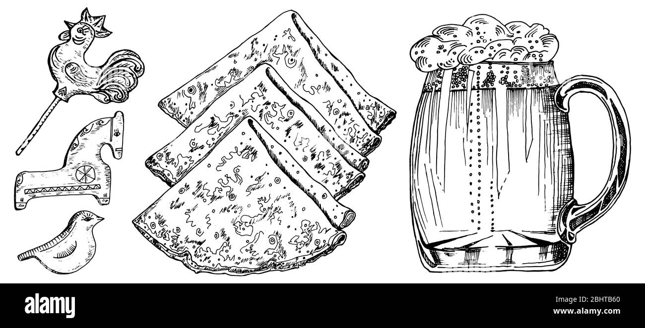 Cuisine russe traditionnelle. Crêpes au caviar, tasse de bière et bonbons avec un coq. Cuisine de Moscou. Esquisse dessinée à la main. Vue de dessus. Gravé Illustration de Vecteur