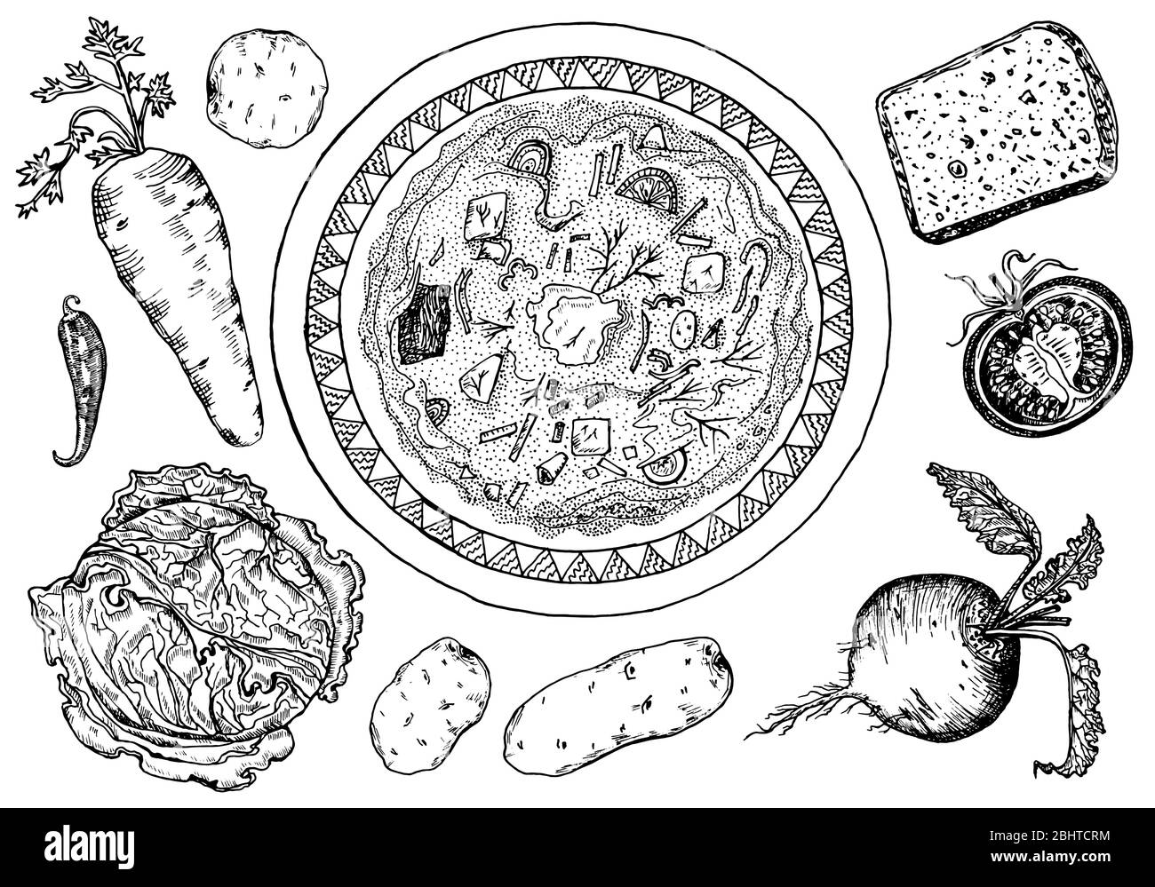 Cuisine russe traditionnelle. Borscht dans une plaque. Ingrédients pour faire de la soupe. Cuisine de Moscou. Betteraves, chou, carottes et épices. Esquisse dessinée à la main. Haut Illustration de Vecteur
