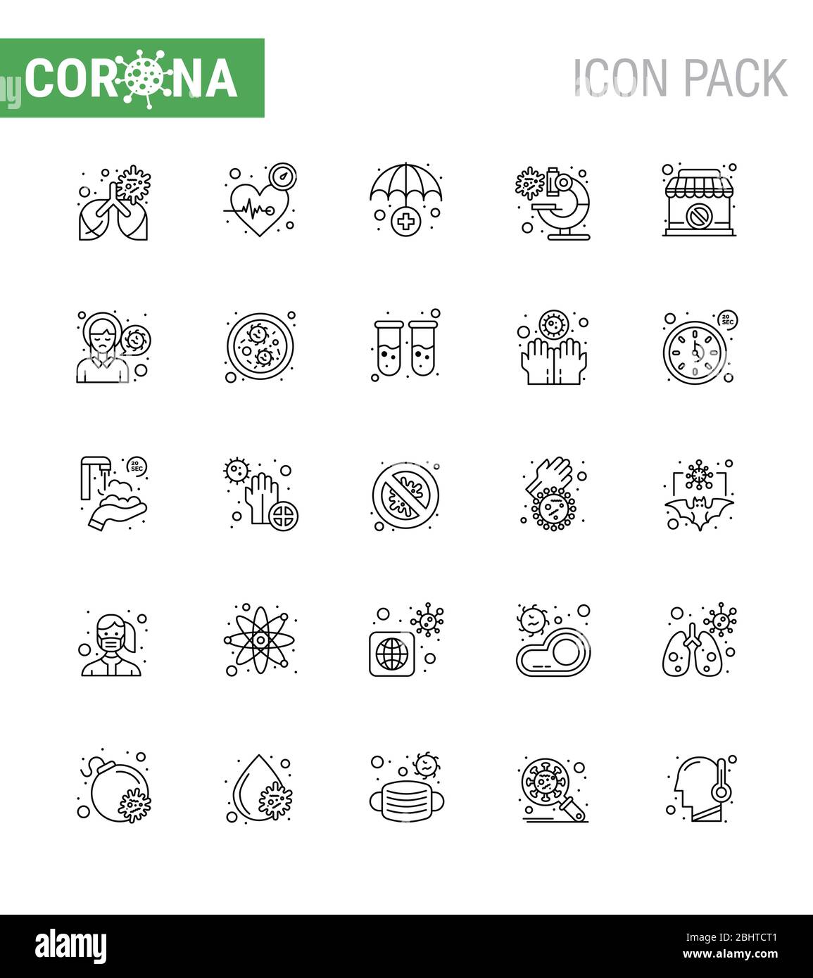 L'icône de la ligne 25 DU CORONAVIRUS sur le thème de l'épidémie de Corona contient des icônes telles que le magasin, le virus, les soins, le microscope, le coronavirus viral de bactéries 2019-nov Illustration de Vecteur