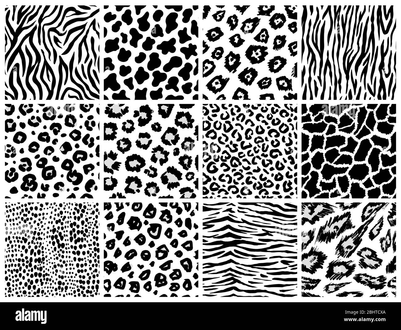 Ensemble de motifs animal sans coutures. Mammifères fourrure. Collection de peaux imprimées. Prédateurs Camouflage. Cheetah Giraffe Zebra Leopard Holstein bétail Snake Jaguar Illustration de Vecteur