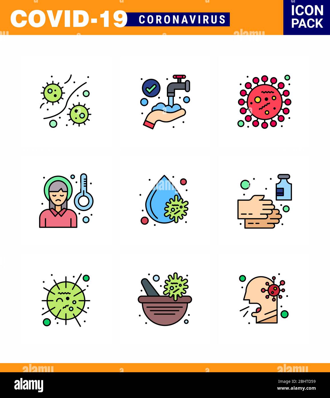 CORONAVIRUS 9 ligne remplie icône couleur plate sur le thème de l'épidémie de Corona contient des icônes telles que malade, maux de tête, lavage, tête, virus viral corona Illustration de Vecteur