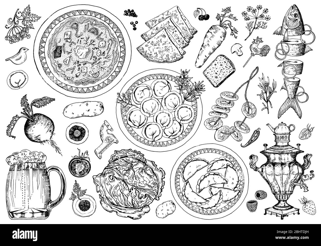 Ensemble de plats russes traditionnels. Boulettes et borscht dans une assiette et assaisonnement. Cuisine de Moscou. Samovar et crêpes, tranches de poisson. Esquisse dessinée à la main Illustration de Vecteur