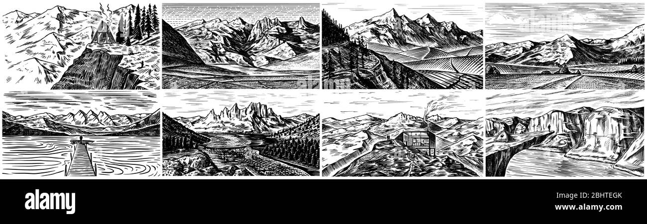 Fonds de paysage de montagne définis. Pics alpins et voyageur avec tente. Montage vintage. Concept de voyage. Esquisse gravée dessinée à la main pour l'extérieur Illustration de Vecteur