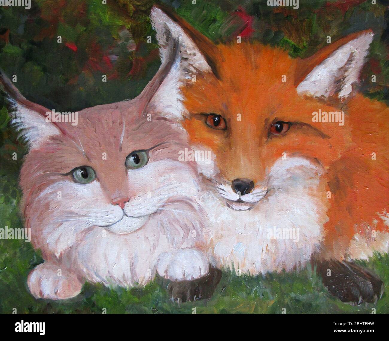 Un renard et un chat dans la forêt, peinture à l'huile Banque D'Images
