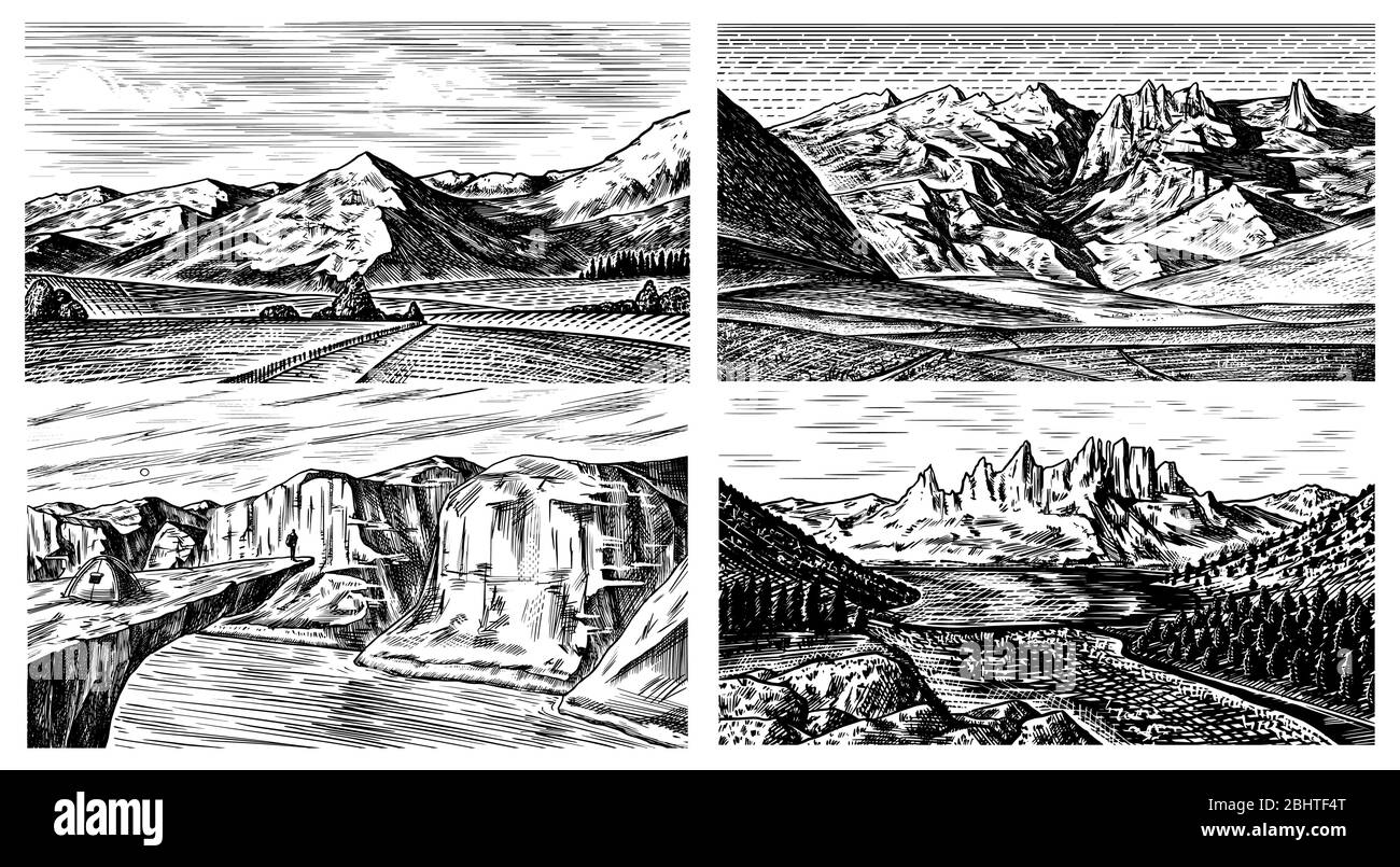 Fonds de paysage de montagne définis. Pics alpins et forêt. Montage vintage. Concept de voyage. Croquis gravé à la main pour affiches extérieures, escalade Illustration de Vecteur