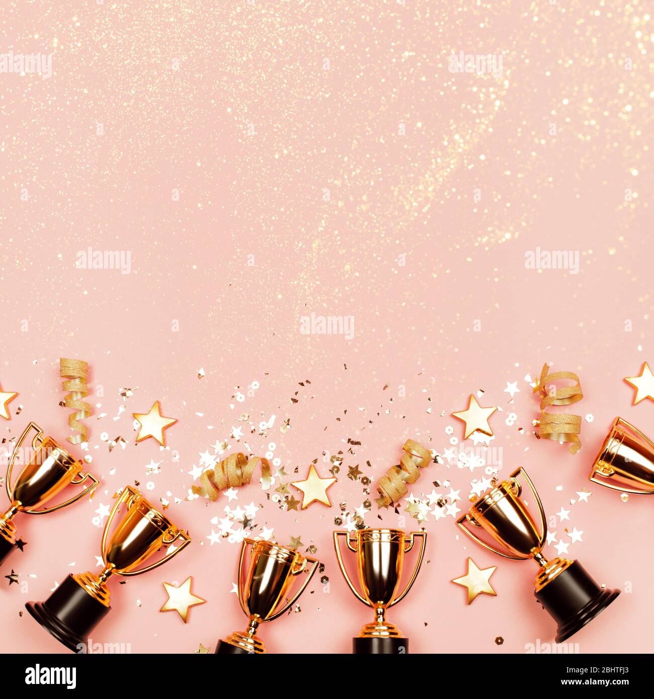 Des coupes de vainqueur avec des confettis et des étoiles festives sur un fond pastel avec un espace de copie sur le dessus. Style plat. Banque D'Images
